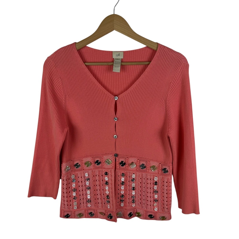 J Jill Coral Ribbed Cardigan Sz SP Cottagecore Coastal Button Front Embellished